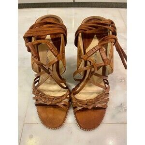 PAUL ANDREW Saddle Brown Suede Leather Strappy Heels, Sz 38